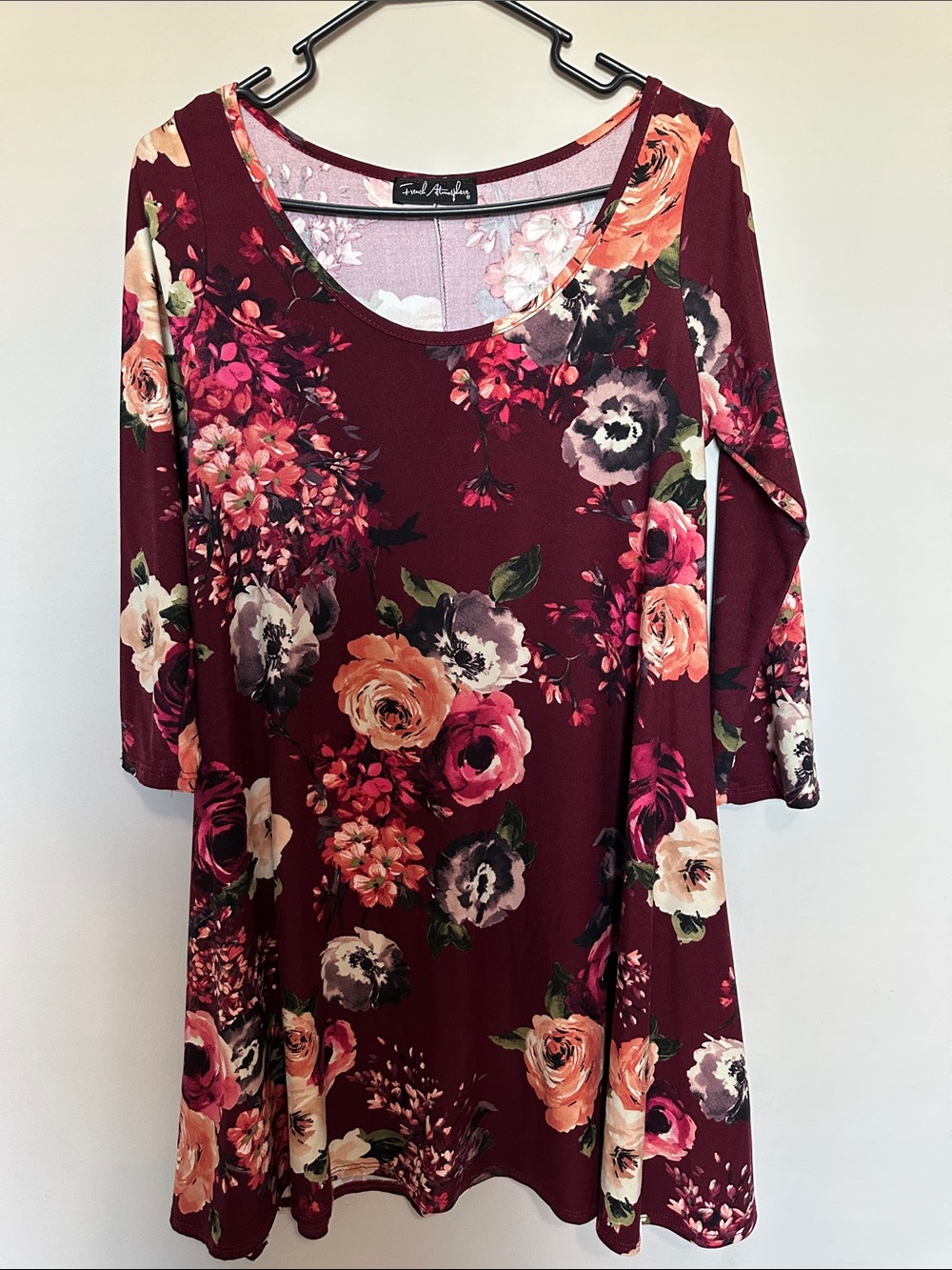 Fresh Atmosphere Floral Tunic Top Women’s Medium Est Burgundy Boho 3/4 Sleeve